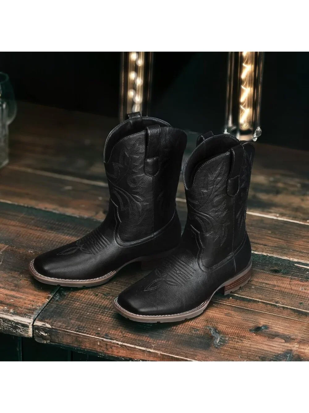 Men's Black Faux Leather Slip on Square Toe with Classic Embroidered Cowboy Boot
